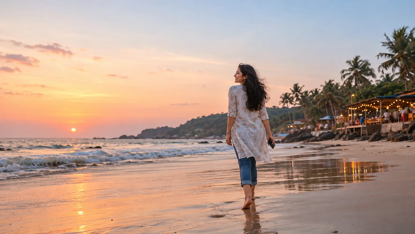 A woman walking barefoot on a Goa beach at sunset, phone in hand