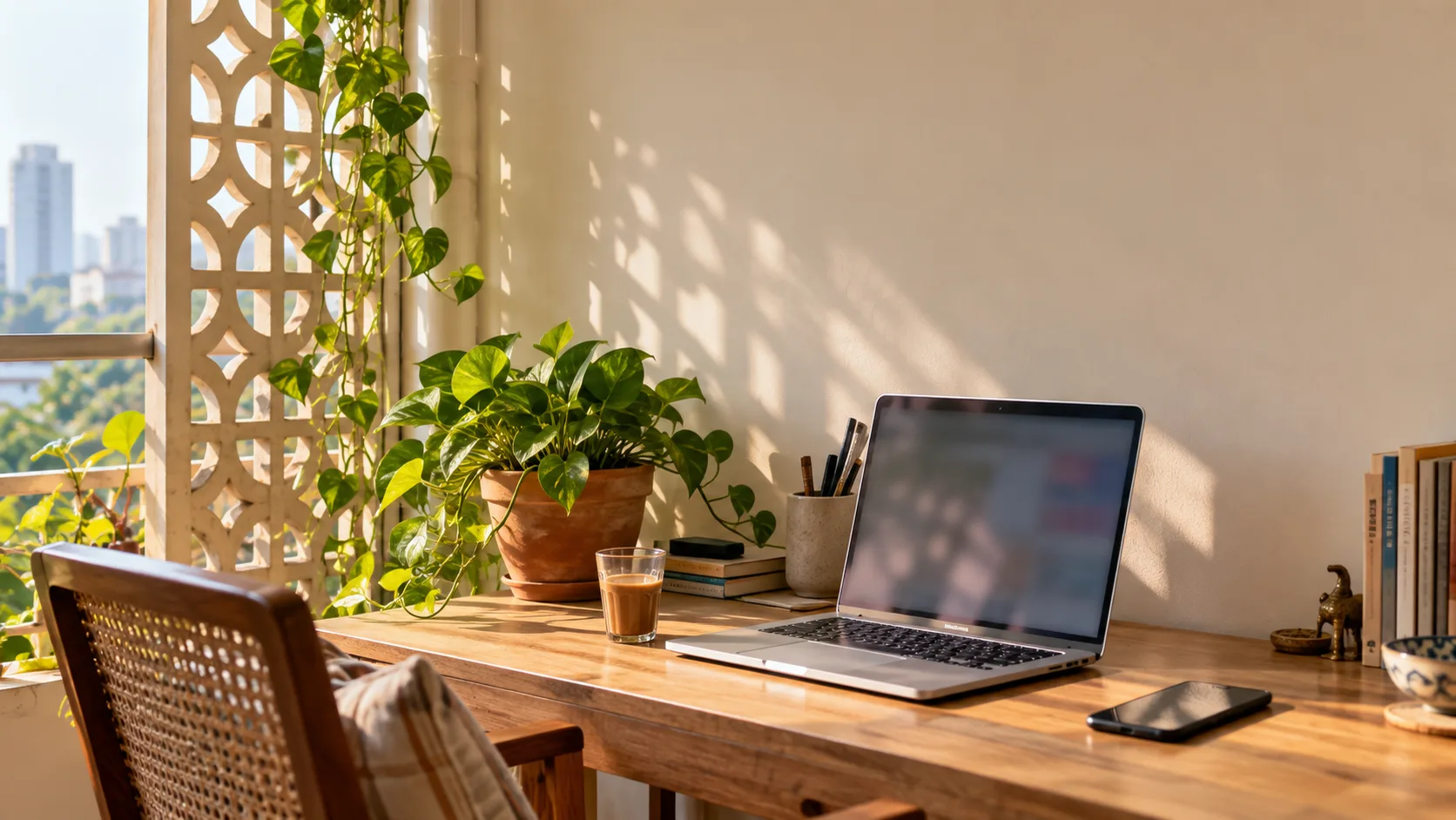 A sunlit work-from-home desk in an Indian apartment with a laptop, phone and a glass of chai