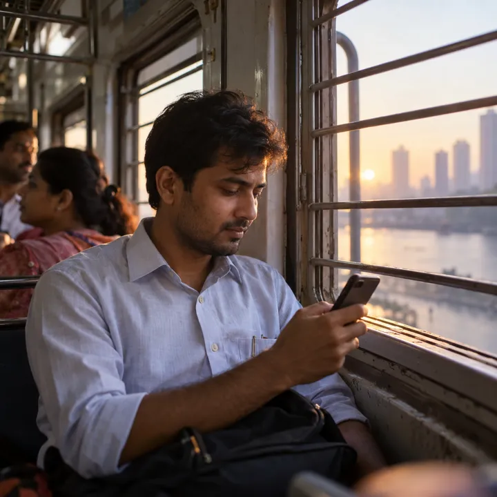 An office-goer tapping his phone on a Mumbai local train