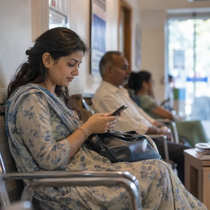 Typing on a phone in a clinic waiting room