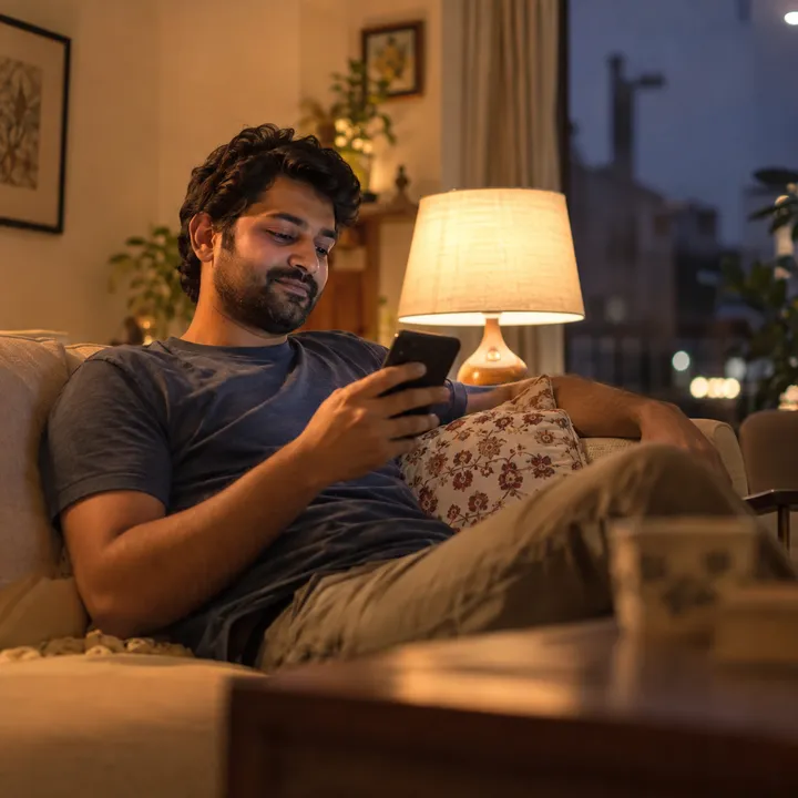 Relaxing on a sofa at home, checking a phone