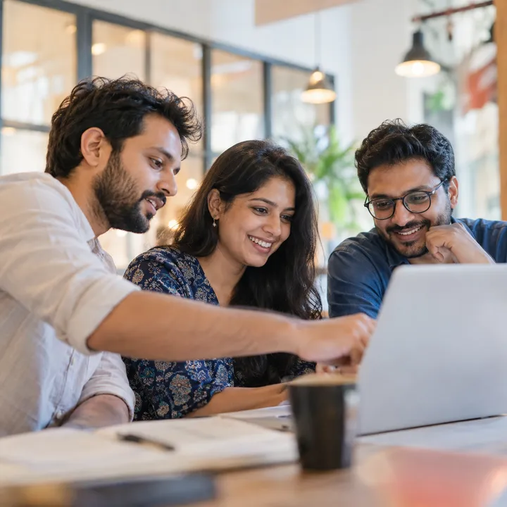 Three teammates around a laptop in a co-working space