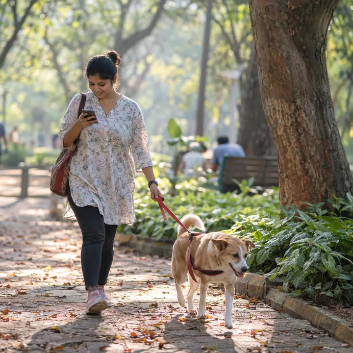 Walking an indie dog in a Bengaluru park, phone in hand