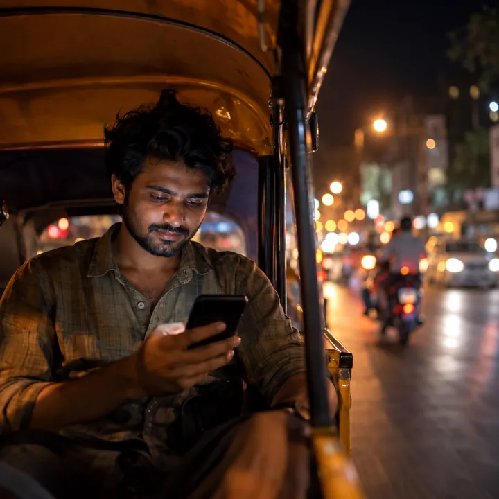 Checking a phone in an auto-rickshaw at night