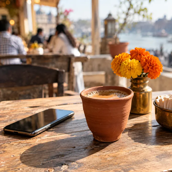 Masala chai in a kulhad next to a phone on a sunny café table