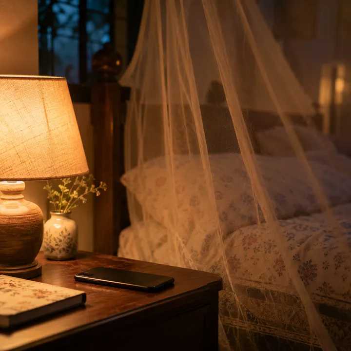 A phone on a bedside table at night