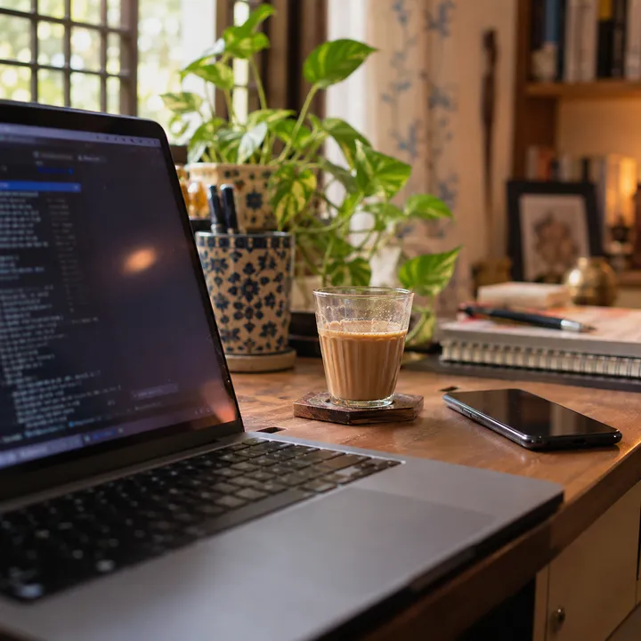 A home-office desk with a laptop terminal, a phone and chai